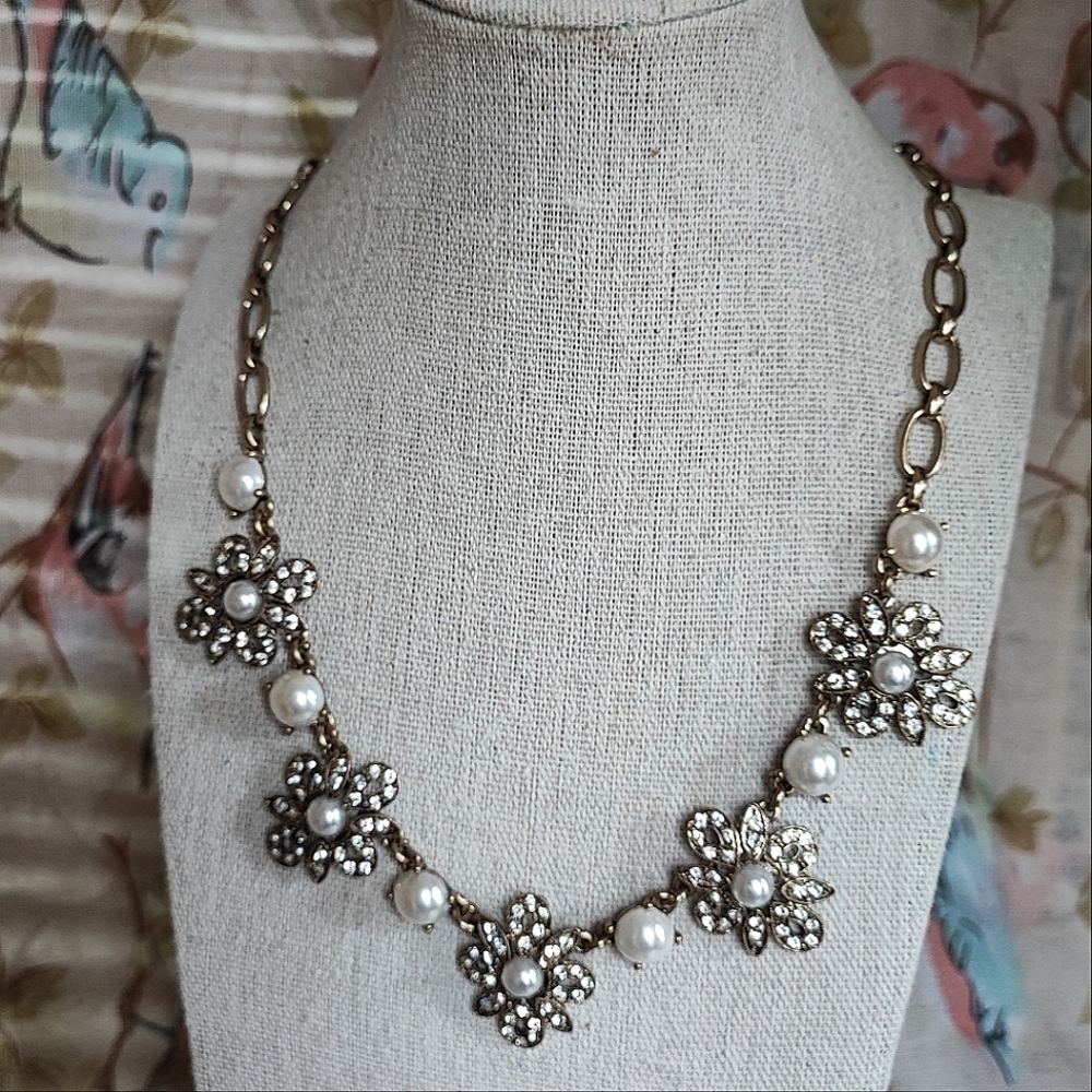 Light Gold Tone Faux Flat Back Pearl Rhinestone Bride Bridal Wedding Necklace - Picture 3 of 9